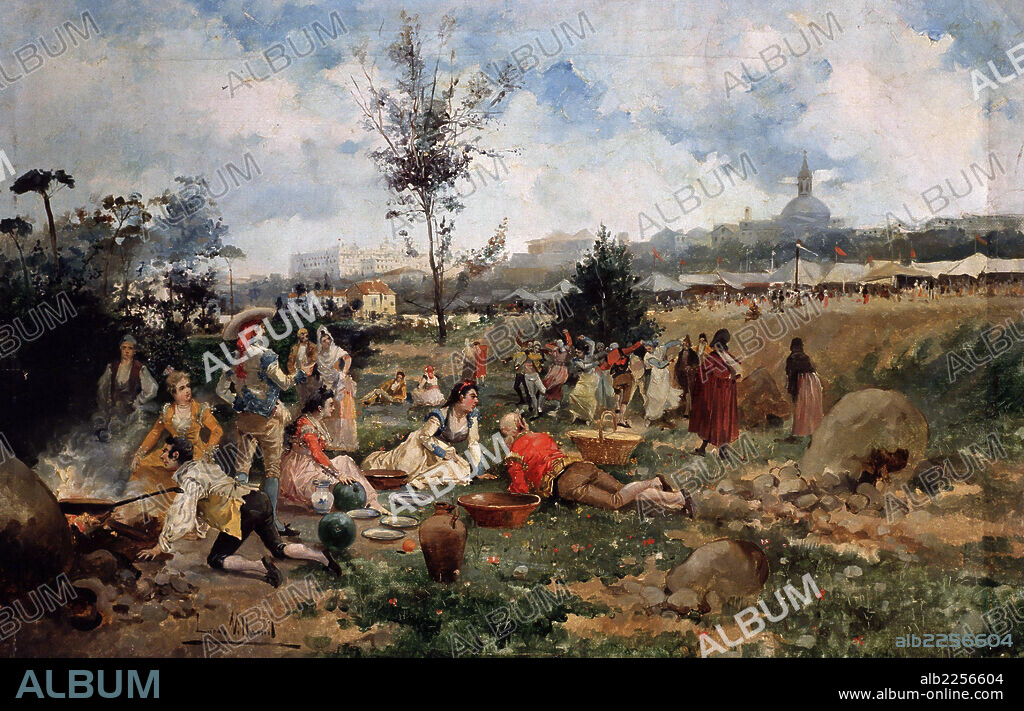EUGENIO LUCAS VILLAAMIL. LUCAS VILLAAMIL , EUGENIO. PINTOR ESPAÑOL . MADRID 1858 - 1918. " MERIENDA EN LA PRADERA DE SAN ISIDRO DE MADRID " . OLEO SOBRE LIENZO. MUSEO ROMANTICO . MADRID MADRID PINTADO.