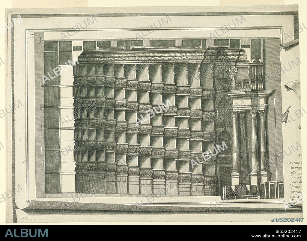 Section of the House and Proscenium, Saverio Avesani, Italian, b. 1690, Francesco Zucchi, Italian, 1692 - 1739, Engraving on paper, Horizontal format architectural illustration. Plate II, upper part, left, similar to 1938-57-1385. At right is the left edge of an imaginary sheet, with the beginning of the lines of the heading of the engraving. The first line beings with 'Siccome,' the last with 'di profe...' Above, left of the imaginary sheet of plate II: 'Tan / II.' Interior architectural details with decorated columns., Europe and USA, ca. 1720, architecture, interiors, Print, Print.