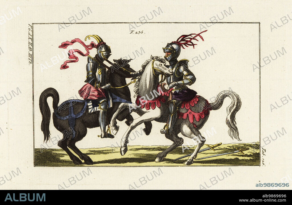 Two knights in plate armor on horseback fighting a duel with nooses in a tourney. The knight on the right has thrown his noose around his opponent's neck. Their swords lie on the ground. The knight on the black charger wears pink skirt and ribbons from his horned helmet. The knight at right has a purple skirt and purple ribbons from his helmet. Copied from a woodcut by Jost Amman in Ritterliche Reutter Kunst, 1584. Handcolored copperplate engraving from Robert von Spalart's Historical Picture of the Costumes of the Principal People of Antiquity and Middle Ages, Vienna, 1802.