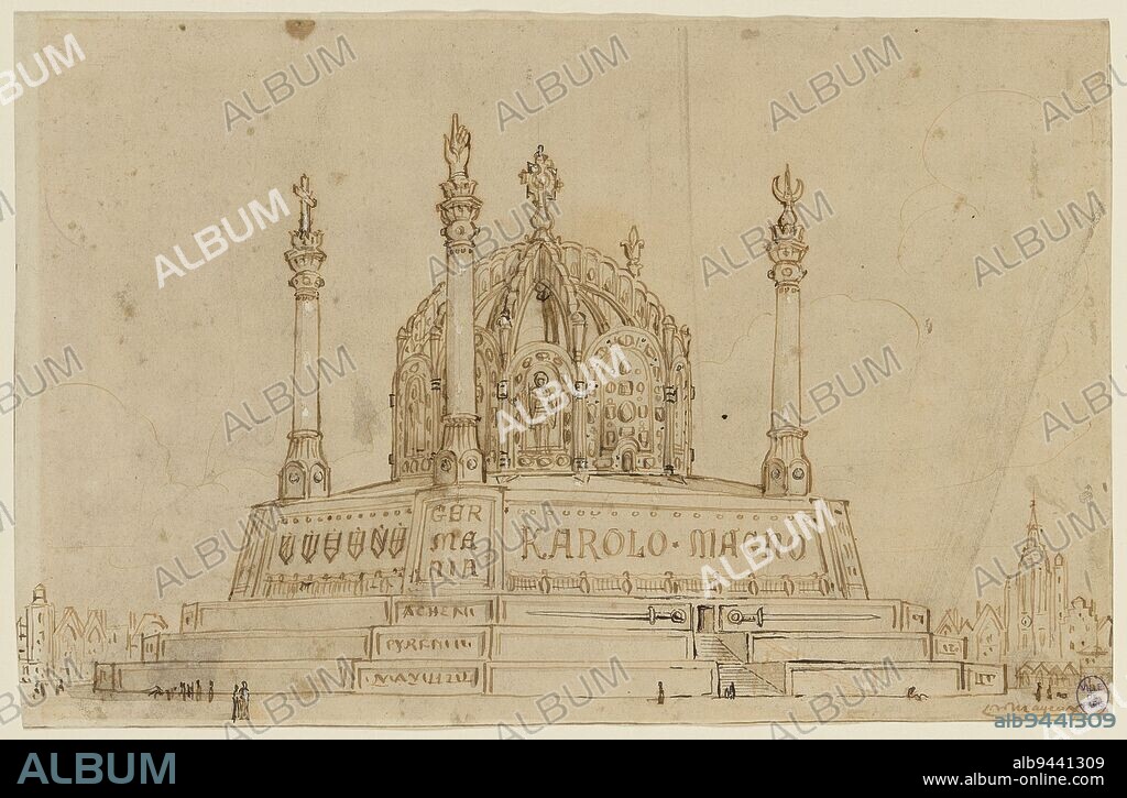 Tombeau de Charlemagne, Mayeux, Pierre-Henri, Draughtsman, 2nd half of the 19th century, Drawing, Graphic Arts, Drawing, Pen, Brown ink, Black ink, White highlights, Gouache, Paper, Height: 15.8 cm, Width: 23.9 cm.