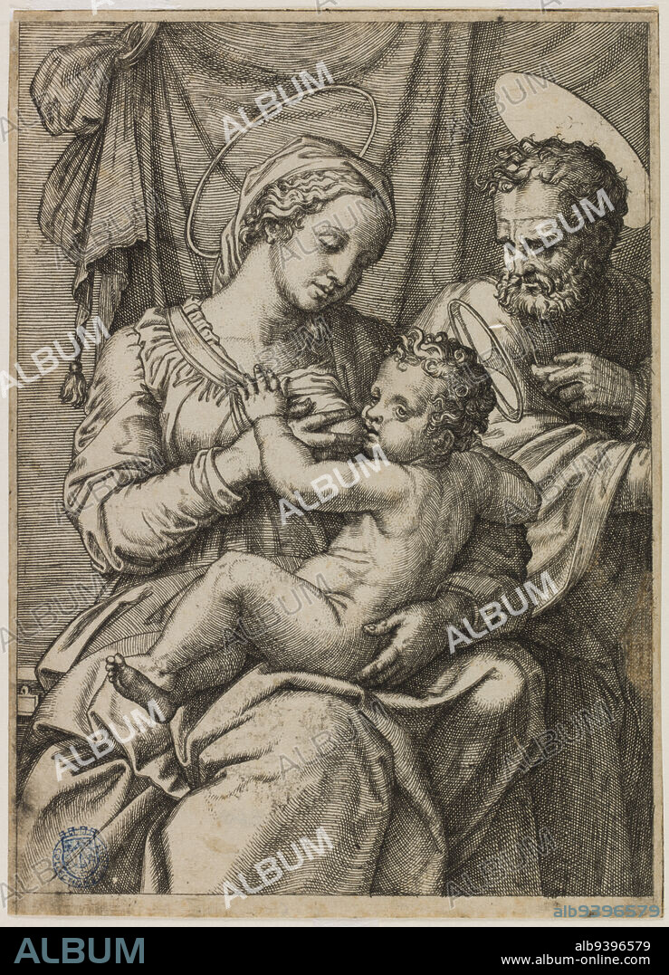 The Holy Family after Raphael, part 1), page 87), Raimondi, Marc Antoine, Engraver, Raphael (Raffaello Santi or Sanzi or Sanzio, said), Author of the model, 16th century, Graphic arts, Print, Interpretative print, Etching, Burin, Height: 17.6 cm, Width: 12.7 cm.
