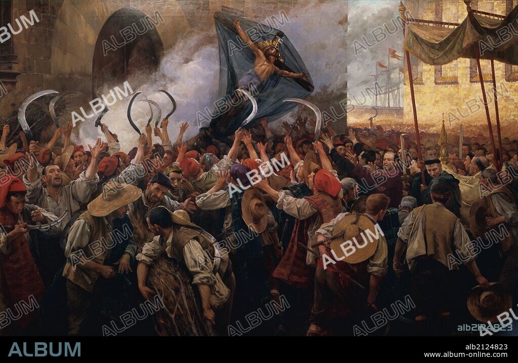GUERRA DELS SEGADORS. (1649). "CORPUS DE SANG" o (ELS SEGADORS). Pintura alusiva al día de Corpus de 1640, en que un grupo de segadores se sublevaron contra las tropas reales. Oleo de Antoni ESTRUCH (1907). Museo Municipal de Arte de Sabadell. Provincia de Barcelona. Cataluña.