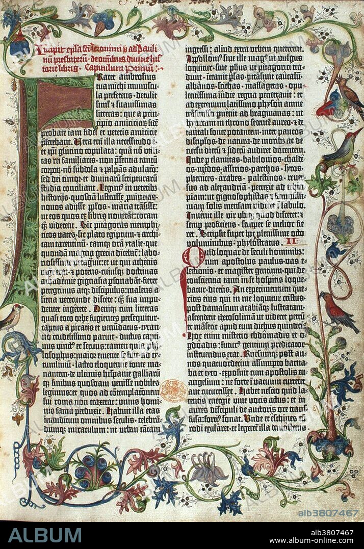 The Gutenberg Bible (also known as the 42-line Bible, the Mazarin Bible or the B42) was the first major book printed with a movable type printing press, and marked the start of the "Printing Revolution" and is widely regarded as the most important event of the modern period. It is an edition of the Vulgate (4th-century Latin translation of the Bible), printed by Johannes Gutenberg, in Mainz, Germany, in the 1450s.