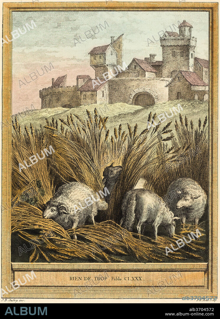 PIERRE ETIENNE MOITTE AFTER JEAN-BAPTISTE OUDRY. Rien de trop (Nothing in Excess). Dated: published 1756. Medium: hand-colored etching.