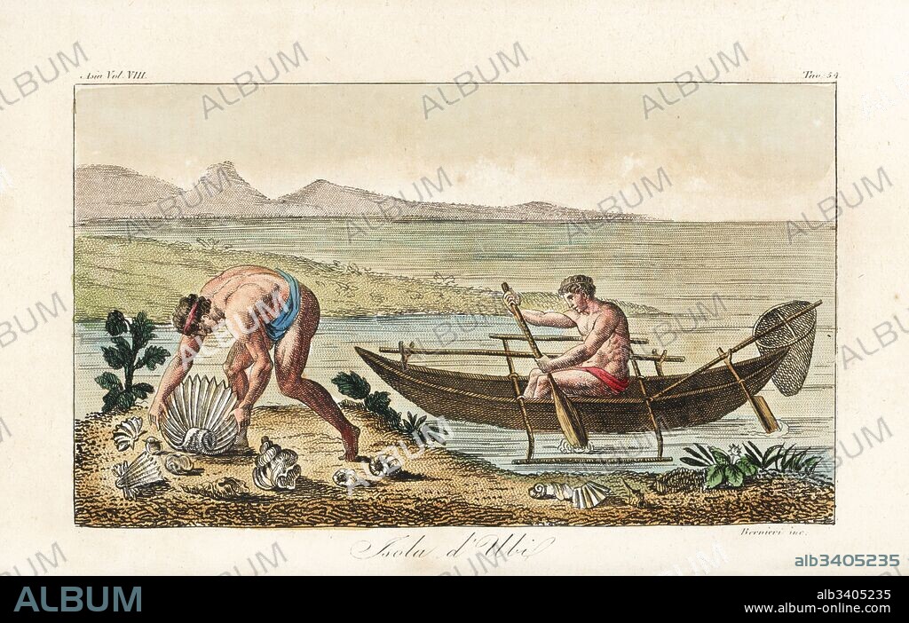 Natives on Obi island in an outrigger canoe collecting shells. The inhabitants of the island of Pulau Obi, Indonesia, are mostly escaped slaves from Ternate, Maluku Islands. Handcoloured copperplate engraved by Andrea Bernieri from Giulio Ferrario's Ancient and Modern Costumes of all the Peoples of the World, Florence, Italy, 1844.