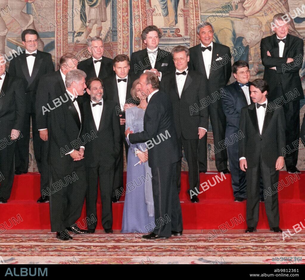 July 7, 1997. Ssmm the Kings Converse with Bill Clinton and Javier Solana during the family photo at the royal palace on the occasion of the NATO summit.