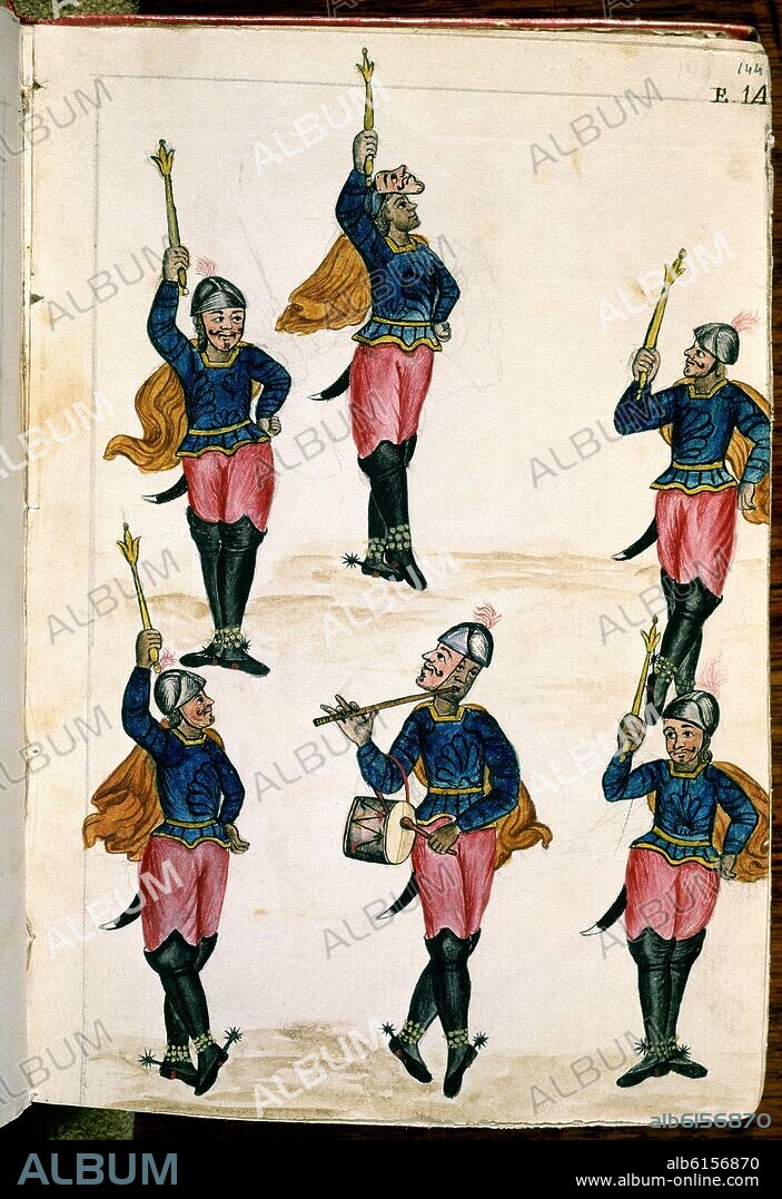BALTASAR JAIME MARTÍNEZ COMPAÑÓN. CODICE TRUJILLO DEL PERU - TOMO II E 144 - DANZA DE LOS DOCE PARES DE FRANCIA - ACUARELA - SIGLO XVIII.