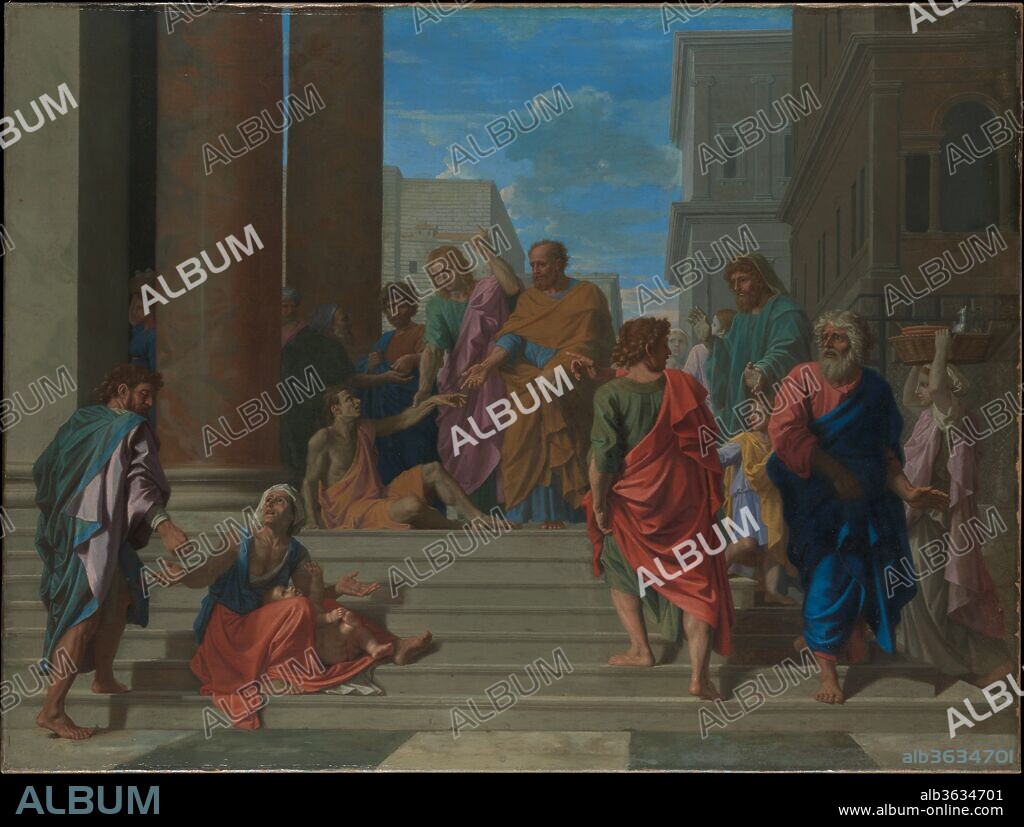 Saints Peter and John Healing the Lame Man. Artist: Nicolas Poussin (French, Les Andelys 1594-1665 Rome). Dimensions: 49 1/2 x 65 in. (125.7 x 165.1 cm). Date: 1655.
At the temple in Jerusalem where the old and infirm beg alms, Peter and John cure a cripple (Acts 3:1-10): "Then Peter said, Silver and gold I have none; but such as I have give I thee: In the name of Jesus Christ of Nazareth rise up and walk." The composition is indebted to Raphael, and the gestures of the central group are reminiscent of Michelangelo's <i>Creation of Adam</i> in the Sistine Chapel. The picture was painted for Monsieur Mercier of Lyons.