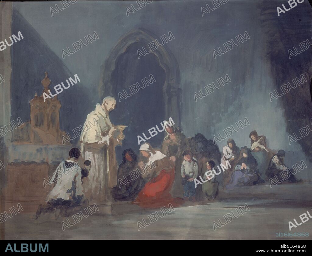 EUGENIO LUCAS VELAZQUEZ. 'La santa comunión', siglo XIX, Gouache sobre papel, 45 x 58 cm.