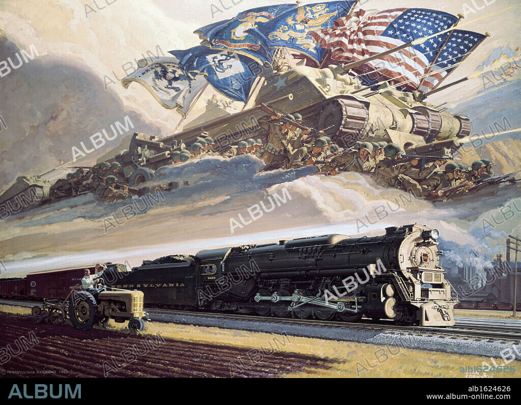 Military scene with train passing farm, by Dean Cornwell, 20th Century, USA, Pennsylvania, Philadelphia, David David Gallery.