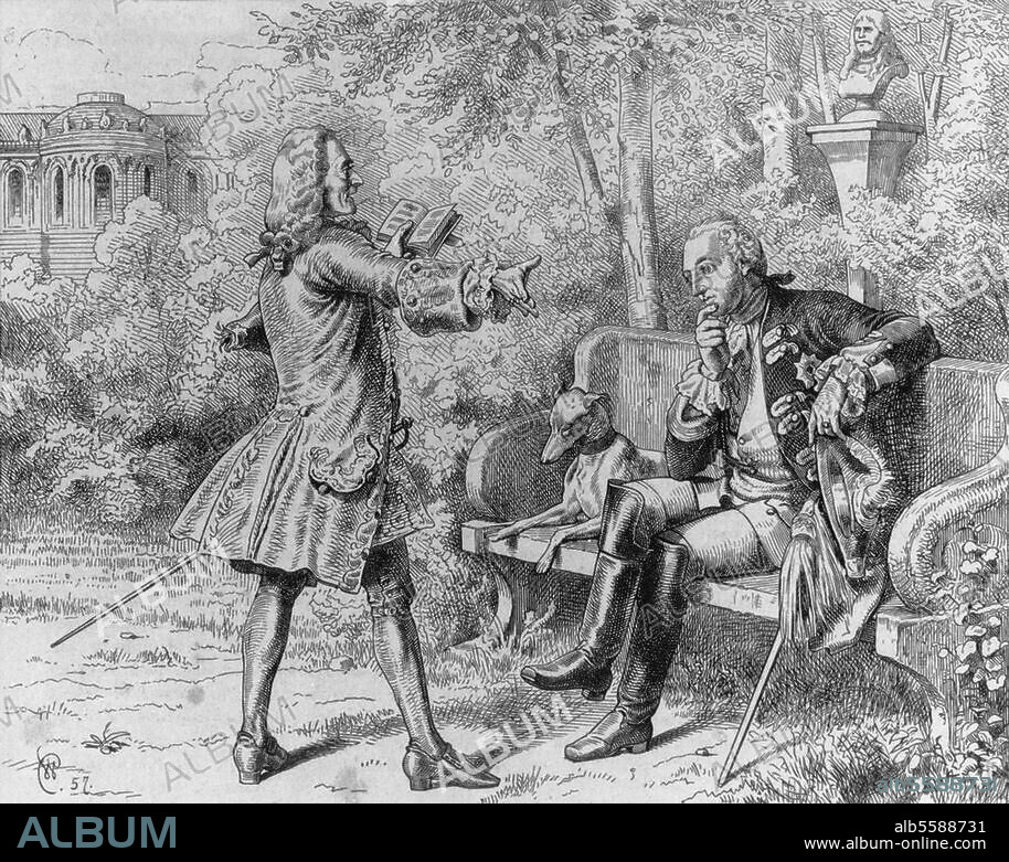 Friedrich II. (der Große), König von Preußen (1740-86); 1712-1786. "Friedrich II. und Voltaire" (Im Park von Sanssouci). Holzstich, 1857, nach Zeichnung von Wilhelm Camphausen (1818-1885). Aus: F.Bülau, Deutsche Geschichte, Dresden.
