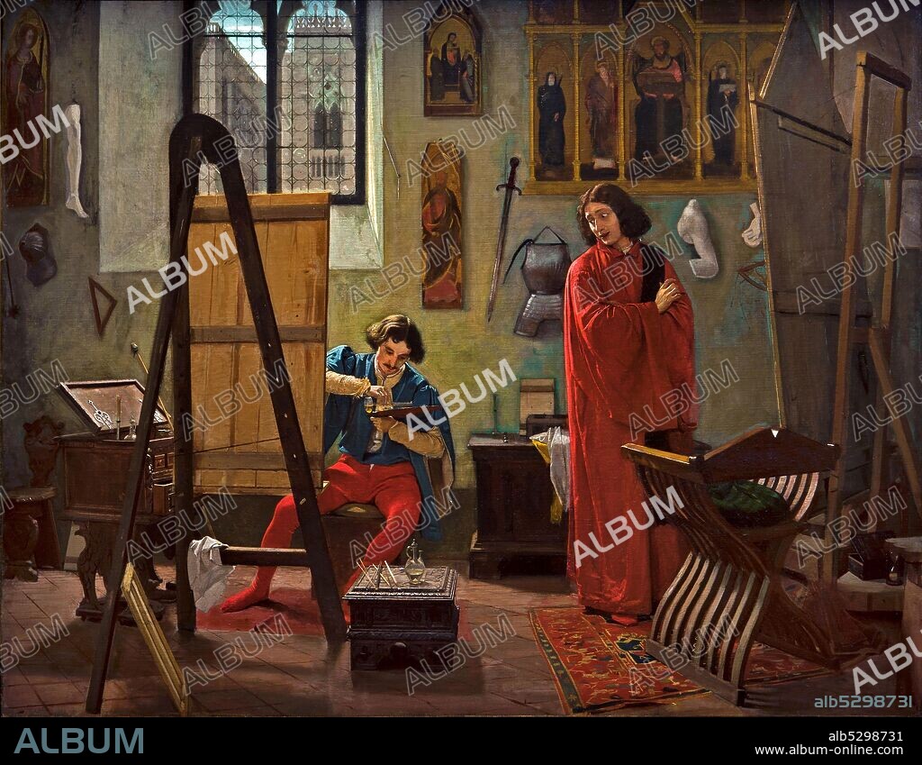 Roberto Venturi. Milano 1846  - Brescia 1883.  Giovanni Bellini learns the secrets of painting by spying on Antonello. 1870 oil on canvas  cm 100,7 x 129,5.