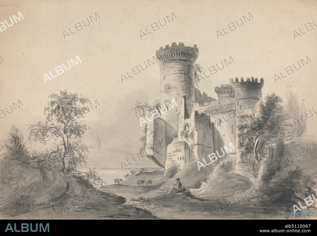 Part of Goodrich Castle, Sir Horace Jones, 18191887, British, 1842, Gray wash, pen and black ink, and gray ink on moderately thick, moderately textured, beige, wove paper, Sheet: 9 5/8 × 13 7/8 inches (24.5 × 35.2 cm), architectural subject, castle, cattle, landscape, man, trees, England, Europe, United Kingdom.