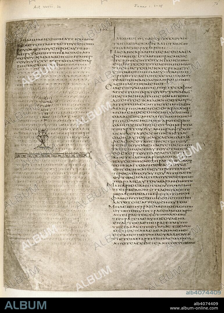 Page from Codex Alexandrinus. Codex Alexandrinus. Eastern Mediterranean; first half of 5th century. [Whole folio] Text: Acts 28, 30. Epistle of James 1, 1-15  Image taken from Codex Alexandrinus.  Originally published/produced in Eastern Mediterranean; first half of 5th century. . Source: Royal 1 D. VIII, f.76. Language: Greek.
