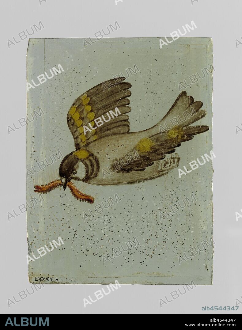 Diamond with a flying bird with a caterpillar in its beak, A diamond with enamel painting of a flying bird with in its beak a caterpillar, birds, anonymous, c. 1650 - c. 1675, glass, h 11.4 cm × w 8.6 cm.