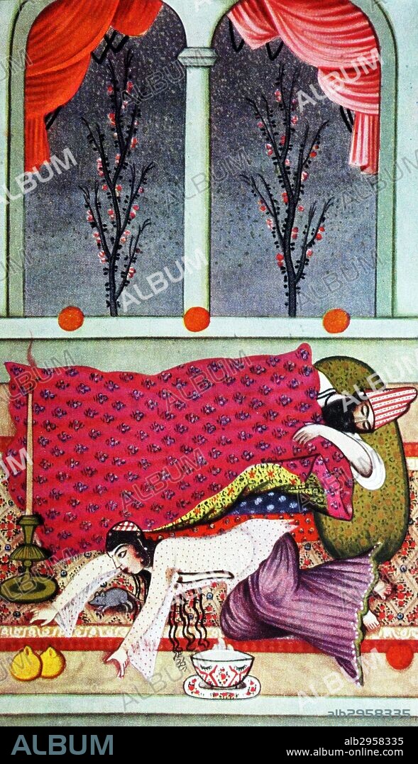 The cat turned into a woman (La chatte métamorphosée en femme. 19th century persian illustration. The Fables of Jean de La Fontaine were issued in several volumes from 1668 to 1694. Some had been translated from persian folklore.
