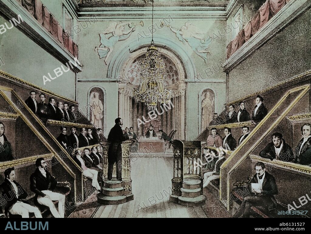 FAURE. ESTAMENTO DE PROCERES DURANTE UNA SESION DE 1834 EN EL CASON DEL BUEN RETIRO PRIMERA SEDE DEL ESTAMENTO - LITOGRAFIA SIGLO XIX.