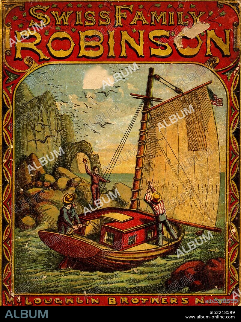 Swiss Family Robinson Book Cover - On a sailboat & raising the sails.