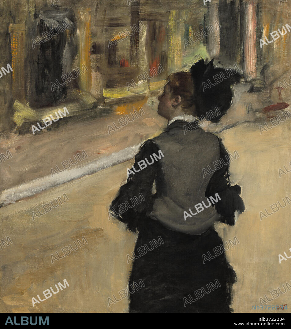 EDGAR DEGAS. Woman Viewed from Behind (Visit to a Museum). Dated: c. 1879-1885. Dimensions: overall: 81.3 x 75.6 cm (32 x 29 3/4 in.)  framed: 114.3 x 107.9 x 11.1 cm (45 x 42 1/2 x 4 3/8 in.). Medium: oil on canvas.