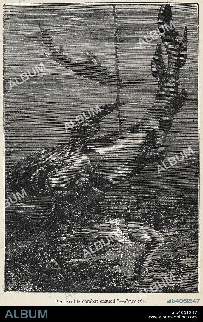 JULES VERNE. "A terrible combat ensued". Captain Nemo fighting a shark. Twenty thousand Leagues under the Seas. Translated from the French With illustrations. Third edition. London : Sampson Low & Co., 1873. Source: 12516.g.21 opposite page 163. Language: English.