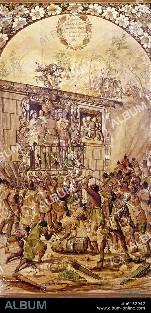 JUAN Y MIGUEL GONZALEZ PINTORES SIGLO XVII. CONQUISTA DE MEXICO - PRESENTAN A MOCTEZUMA Y LO APEDREAN - SOLDADOS ENCUENTRAN TESORO - 1689.