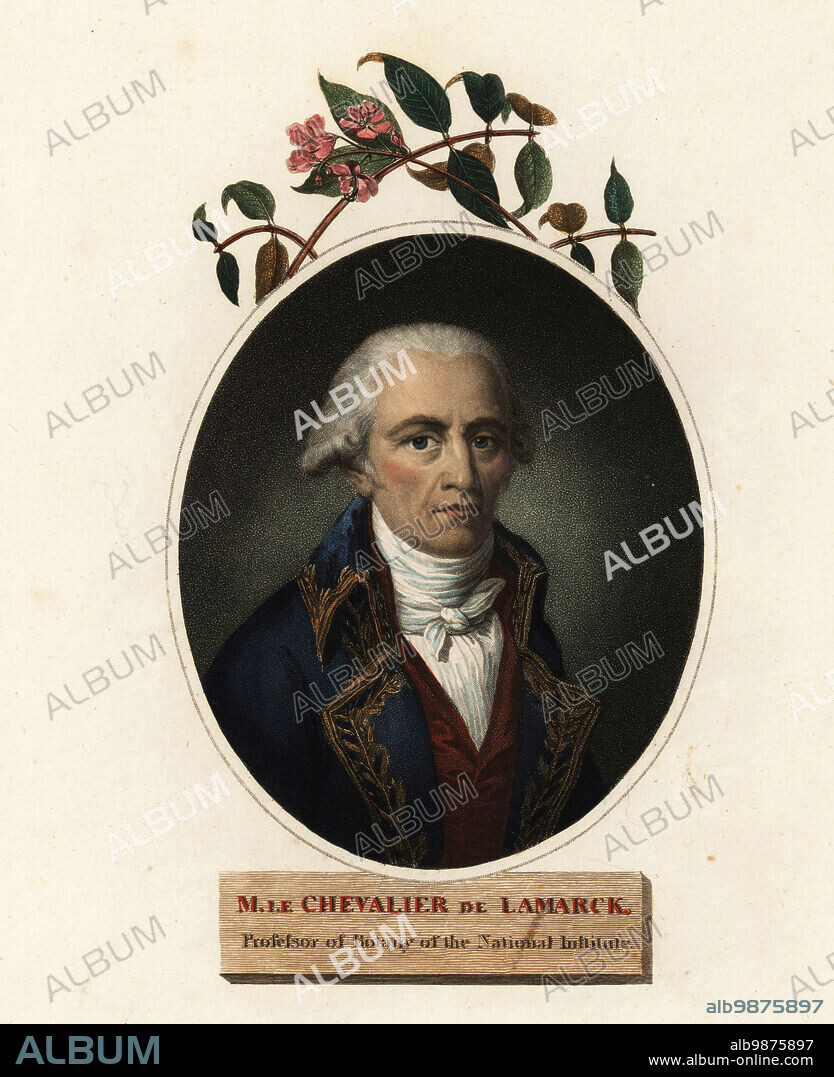 Oval portrait of Jean-Baptiste Pierre Antoine de Monet, Le Chevalier de Lamarck, French soldier, naturalist and academic, professor of botany of the National Institute, 1744-1829. Engraving by William Hopwood after a portrait by Charles Thevenin. Handcoloured copperplate stipple engraving from Dr. Robert John Thorntons New Illustration of the Sexual System of Carolus von Linnaeus, the Temple of Flora, London, 1805.