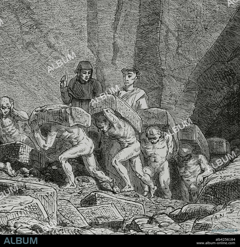 JEAN-EDOUARD DARGENT. KNOWN AS YANN DARGENT (1824-1899). FRENCH ARTIST.. The Divine Comedy (1307-1321). Italian narrative poem by the Italian poet Dante Alighieri (1265-1321). Purgatory. "If I were not prevented by this boulder..." Illustration by Yann Dargent (1824-1899). Engraving by Berveiller. Published in Paris, 1888.