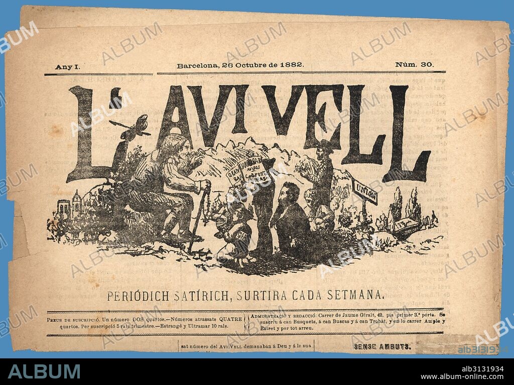 Cabecera del periódico satírico L'Avi Vell, editado en Barcelona, octubre de 1882.