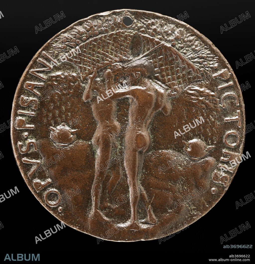 PISANELLO. Two Nude Men Carrying Baskets with Olive Branches [reverse]. Dated: c. 1443. Dimensions: overall (diameter): 6.83 cm (2 11/16 in.)  gross weight: 147.48 gr (0.325 lb.)  axis: 12:00. Medium: bronze.
