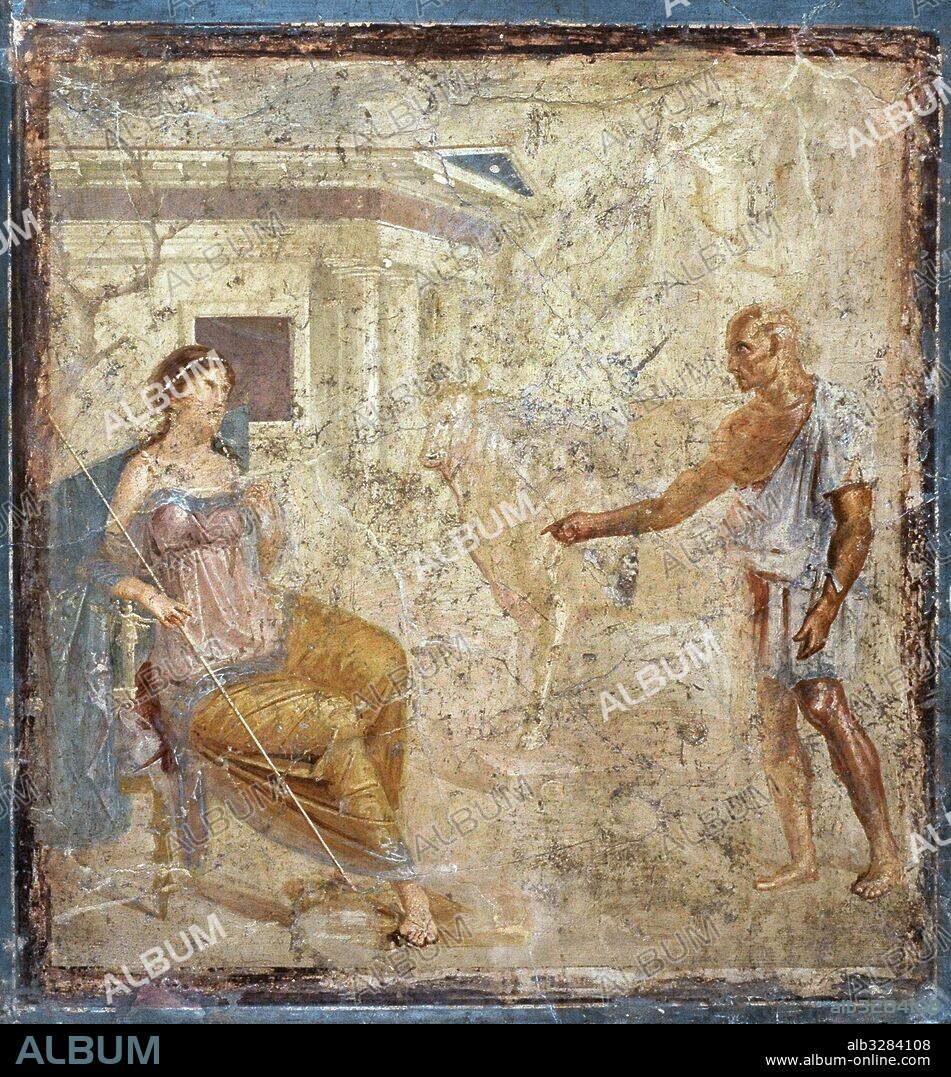 Pintura mural romana. Representa: El escultor Dédalo enseña a la reina Pasífae la estatua artificial de la vaca que servirá para engañar al toro de la que esta enamorada y poder así seducirlo. Meses más tarde Pasífae dará a luz al Minotauro. Casa de la Caza Antigua (VII, 4, 48), Pompeya. Museo Arqueológico Nacional. Nápoles. Italia.