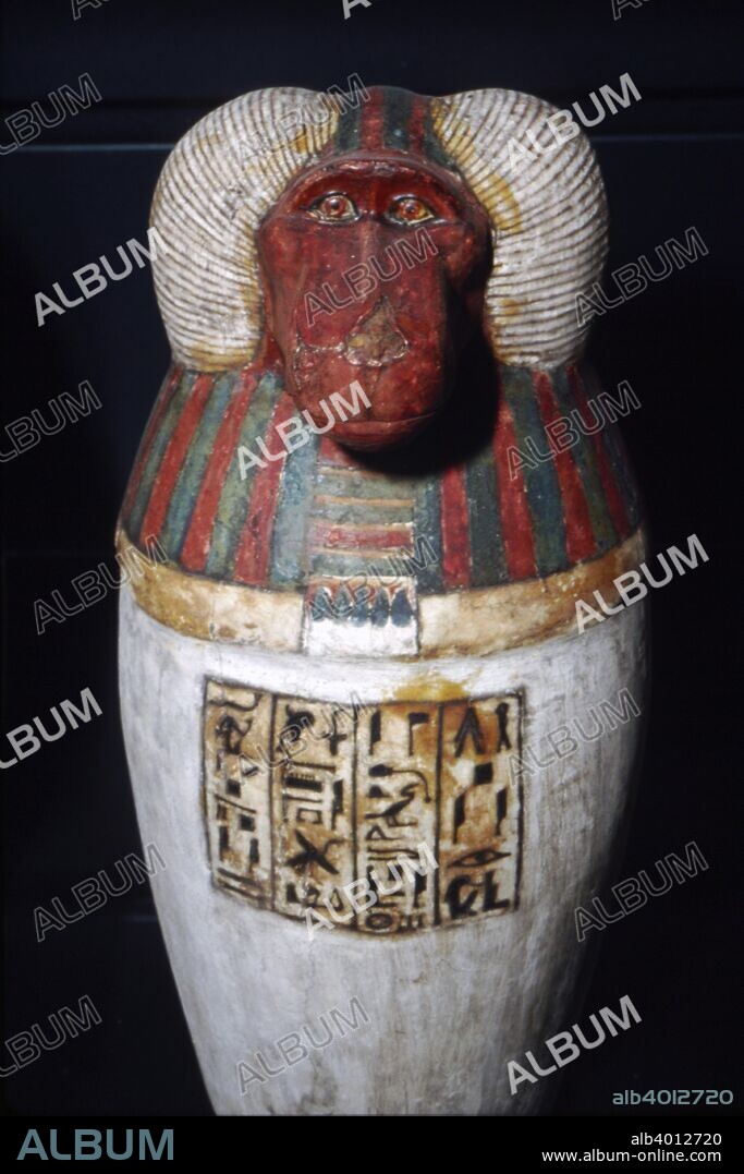 Thoth as Baboon, Canopic Jar, 22nd Dynasty, c1550BC-1069 BC. Containers used to store internal organs removed from the deceased's body during mummification. Their stoppers were made in the likeness of Horus?s sons, funerary gods whose role was to guard the internal organs. Qebehsenuef, with the head of a falcon, looked after the intestines, Hapy, with the head of a baboon, safeguarded the lungs, Duamutef, with the head of a jackal, protected the stomach, and Imsety, with a human head, looked after the liver. Louvre.