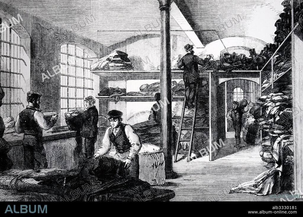 The Cotton Famine (Lancashire Cotton Famine). Gifts of clothing being collected at Bridwell Hospital, London.