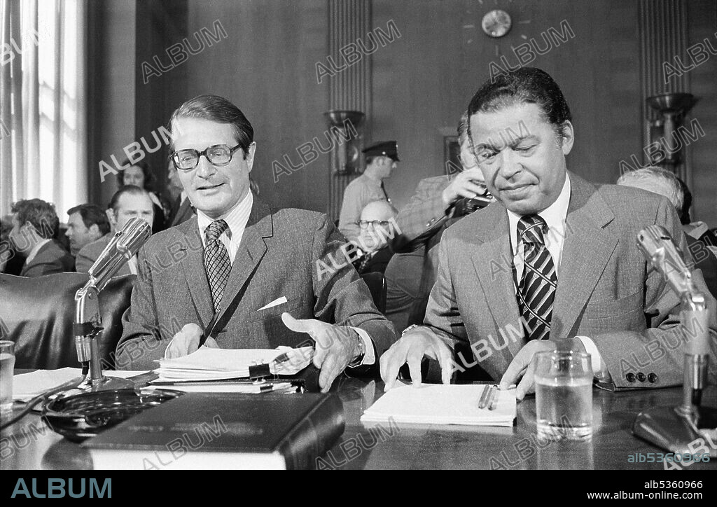 Elliot Richardson (left), United States Secretary of Defense, testifying before the Senate Judiciary Committee during his nomination hearing for Attorney General, Washington, D.C., USA, Warren K. Leffler, May 9, 1973.