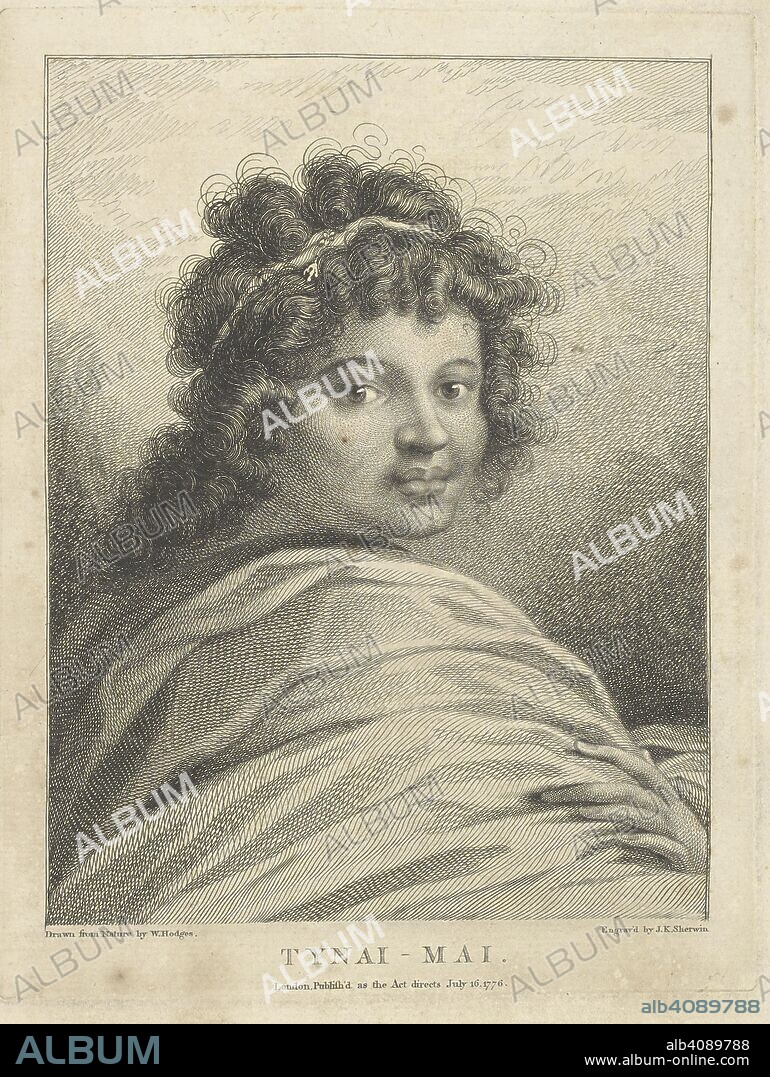 Tynai-Mai. Drawn from nature by William Hodges and engraved by John Keyse Sherwin. A young Raiatean woman, Society Islands, drawn during Cook's 2nd voyage to the Pacific. A collection of drawings by A. Buchan, S. Parkinson, and J. F. Miller, made in the Countries visited by Captain James Cook in his First Voyage [1768-1771], also of prints published in John Hawksworth's Voyages of Biron [Byron], Wallis, and Cook [1773], as well as in Cook's second and third Voyages [1772-1775, 1776-1780]. 1768-1780. Source: Add.23921 f.47.
