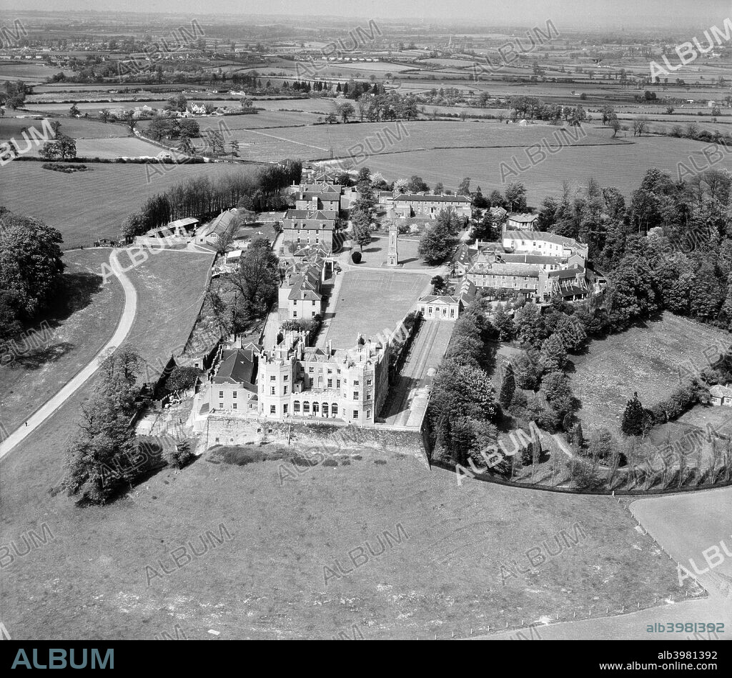 The Stoke Park Colony (Stoke Park Hospital), Stoke Gifford, near Bristol, 1947. The, now yellow, Dower House, situated on the balustraded terrace, remains a prominent landmark. Stoke Par Colony was a mental hospital that opened in 1909 and closed in 1997.