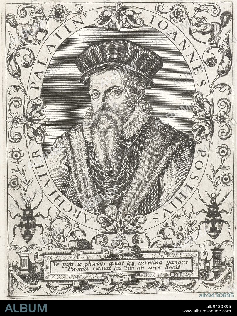 Portrait of Johannes Posth, Theodor de Bry, after Jean Jacques Boissard, 1669, Portrait of the German physician and poet Johannes Posth, in oval with edge lettering. Below the portrait a poem of praise., print maker: Theodor de Bry, print maker: Johann Theodor de Bry, intermediary draughtsman: Jean Jacques Boissard, (possibly), Frankfurt am Main, c. 1597 - c. 1599 and/or 1669, paper, engraving, h 140 mm × w 100 mm.