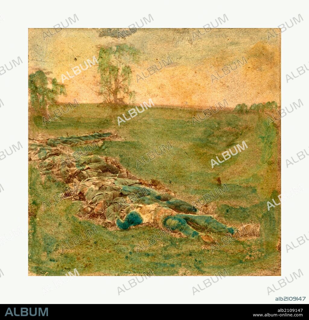 American Civil War: Laid out for burial at Antietam, Md. Bodies of Confederate dead gathered for burial. Photo, albumen print, By Alexander Gardner, 1821 1882, Scottish photographer who emigrated to the United States in 1856. From Gardner Photographic Art Gallery, Seventh Street, Washington.