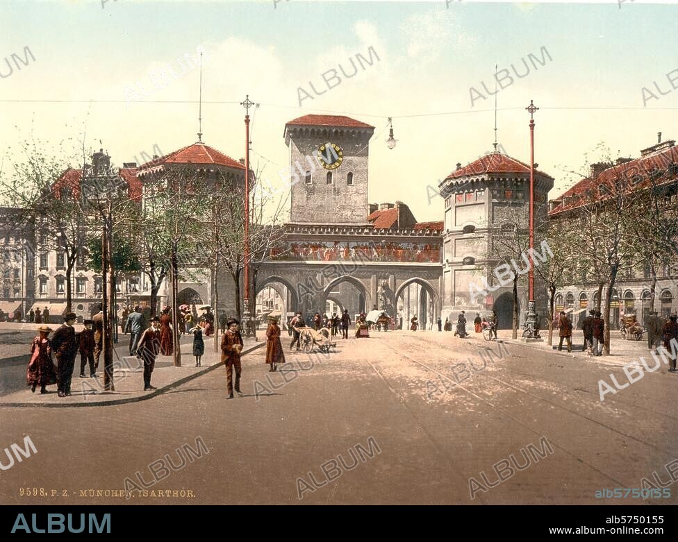 München (Bayern), Isartor. (Teil der Stadtbefestigung der 1. Hälfte 14. Jh.; über der Durchfahrt Wandgemälde von Caspar Neher, 1835). "München. Isarthor". (Ansicht vom Isartorplatz). Photochrom, undat. (um 1890/1900).