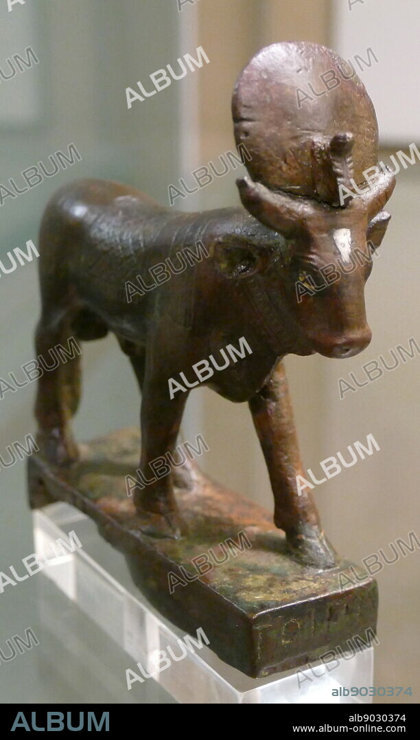 Greek Bronze statuette, of an Egyptian Apis Bull. Found in the Nile Delta 500 BC. In Egyptian mythology, Apis or Hapis was a sacred bull worshipped in the Memphis region. Identified as the son of Hathor, a primary deity in the pantheon of Ancient Egypt.