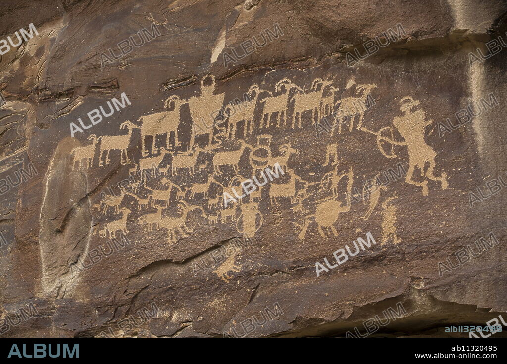 The Great Hunt Panel, Fremont style petroglyphs from AD 700 to AD 1200, Cottonwood Canyon near the junction of Nine Mile Canyon, Utah, United States of America, North America.