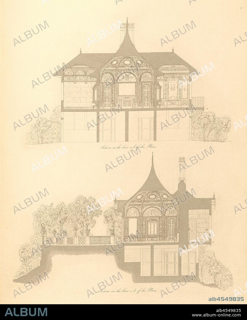 Sections on the lines a-b and c-d of the plan, Cross section of the summer house in the garden of Buckingham Palace, Plate 2, after p. 11, Ludwig Gruner; Anna Jameson: The decorations of the garden-pavilion in the grounds of Buckingham Palace. London: publ. by John Murray; Longman & Co.; P. & D. Colnaghi; F. G. Moon; and L. Gruner, MDCCCXLVI.