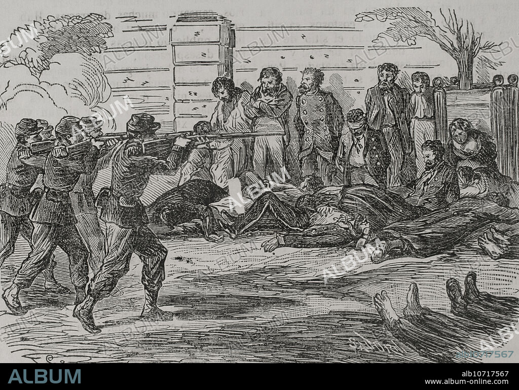 CELESTINO SADURNí (C. 1830-1896). SPANISH ENGRAVER.. Francia. La Comuna de Paris. Movimiento revolucionario popular que tomó el poder en París entre el 18 de marzo y el 28 de mayo de 1871, durante la Guerra Franco-Prusiana. Fusilamientos de comuneros en los Jardines de Luxemburgo, 25 de mayo de 1871, tras la caída de la Comuna. Grabado por Sadurní. "Historia de la Guerra de Francia y Prusia". Tomo II. Publicado en Barcelona, 1871.