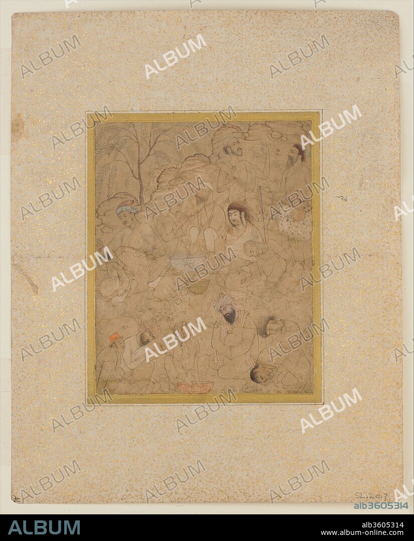 Men Preparing Some Sort of Intoxicant in the Country. Dimensions: H. 6 1/4 in. (15.9 cm)
W. 5 in. (12.7 cm). Date: mid-17th century.
Gatherings of dervishes preparing and partaking of intoxicants in the countryside were popular in Iran from about 1615 until the mid-17th century. At least five figures in this composition are based on earlier versions of this scene. However, the scribe and his companion at the lower left are unique to this drawing and introduce the notion of figures who witness but do not participate in the activities of the dervishes.