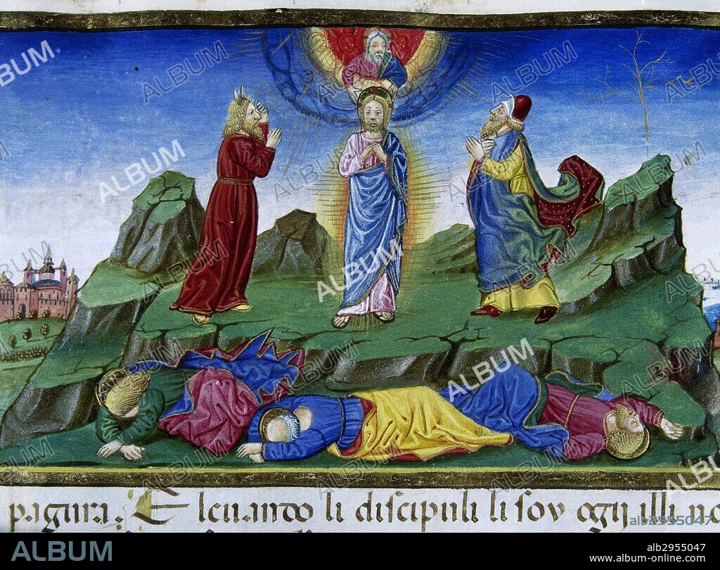 "ESTANDO JESUS TRANSFIGURADO EN EL MONTE CON MOISES Y ELIAS, APARECE UNA LUZ Y LOS TRES DISCIPULOS (PEDRO, JUAN Y SANTIAGO) SE ASUSTAN". Página miniada del CODICE DE PREDIS (1476). Renacimiento-Quatroccento (siglo XV). Biblioteca Real. Turín. Italia.