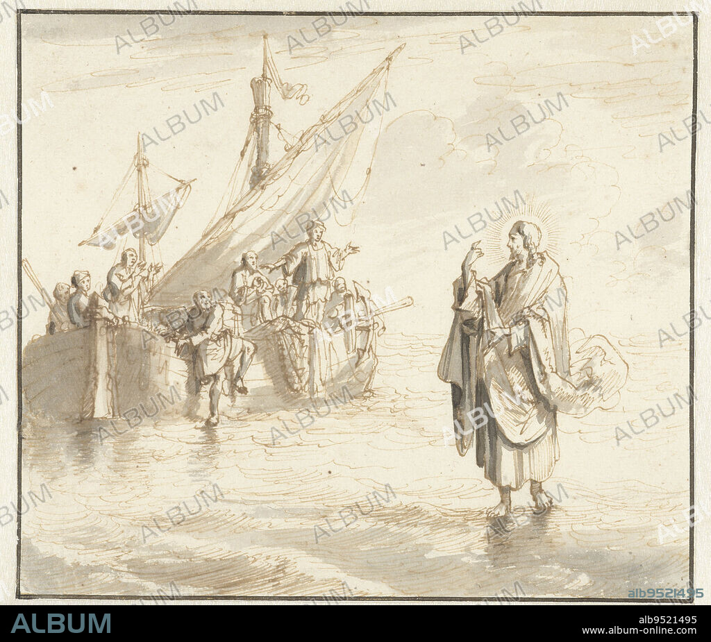 Christ walking on the water, Jan Luyken, 1660 - 1712, Possible design for a print., draughtsman: Jan Luyken, 1660 - 1712, paper, pen, brush, h 151 mm × w 173 mm.