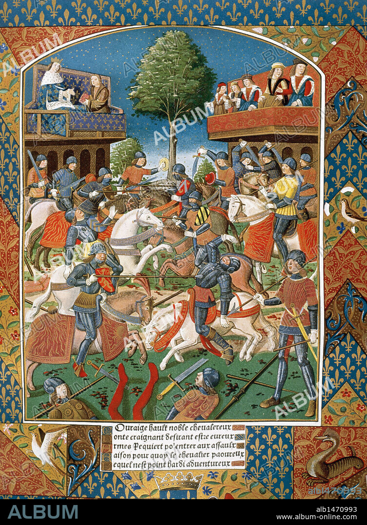 Miniatura del incunable "LANCELOT DU LAC", de A. VERARD (s. XV), en la que se representa la CELEBRACION DE UN TORNEO. Biblioteca Nacional. París. Francia.