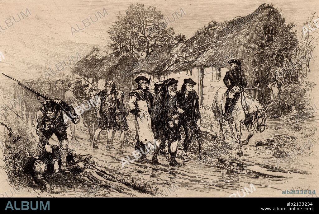 The End of the Forty-Five Rebellion. Charles Edward Louis Philip Casimir Stewart or Stuart (1720-1788), also known as Bonnie Prince Charlie and The Young Pretender, grandson of James II the last Roman Catholic monarch of Great Britain and Ireland, led the 1745 Jacobite rising, landing in the Hebrides in August. He was defeated by the Duke of Cumberland at the Battle of Culloden, 1746, after which he escaped to France. His followers were rounded up by the British army. Etching by William Hole (1846-1917). (Photo by: Universal History Archive/UIG via Getty Images).