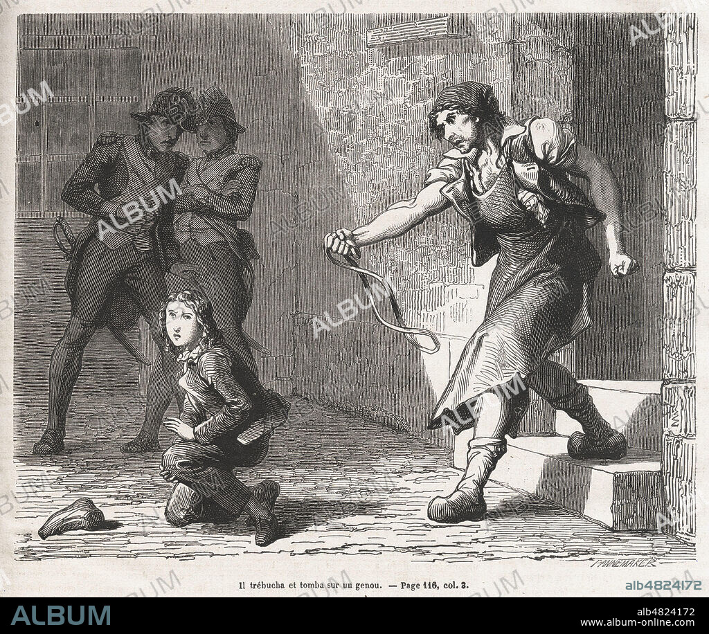 Il trebucha et tomba sur un genou (LOUIS XVII et le cordonnier SIMON). Illustration de Jules DESANDRE (19 s.) pour Le Chevalier de Maison-Rouge par Alexandre DUMAS père (1802-1870) repris dans Journal du Dimanche du 17 juin 1860. Credit : Collection Kharbine-Tapabor.