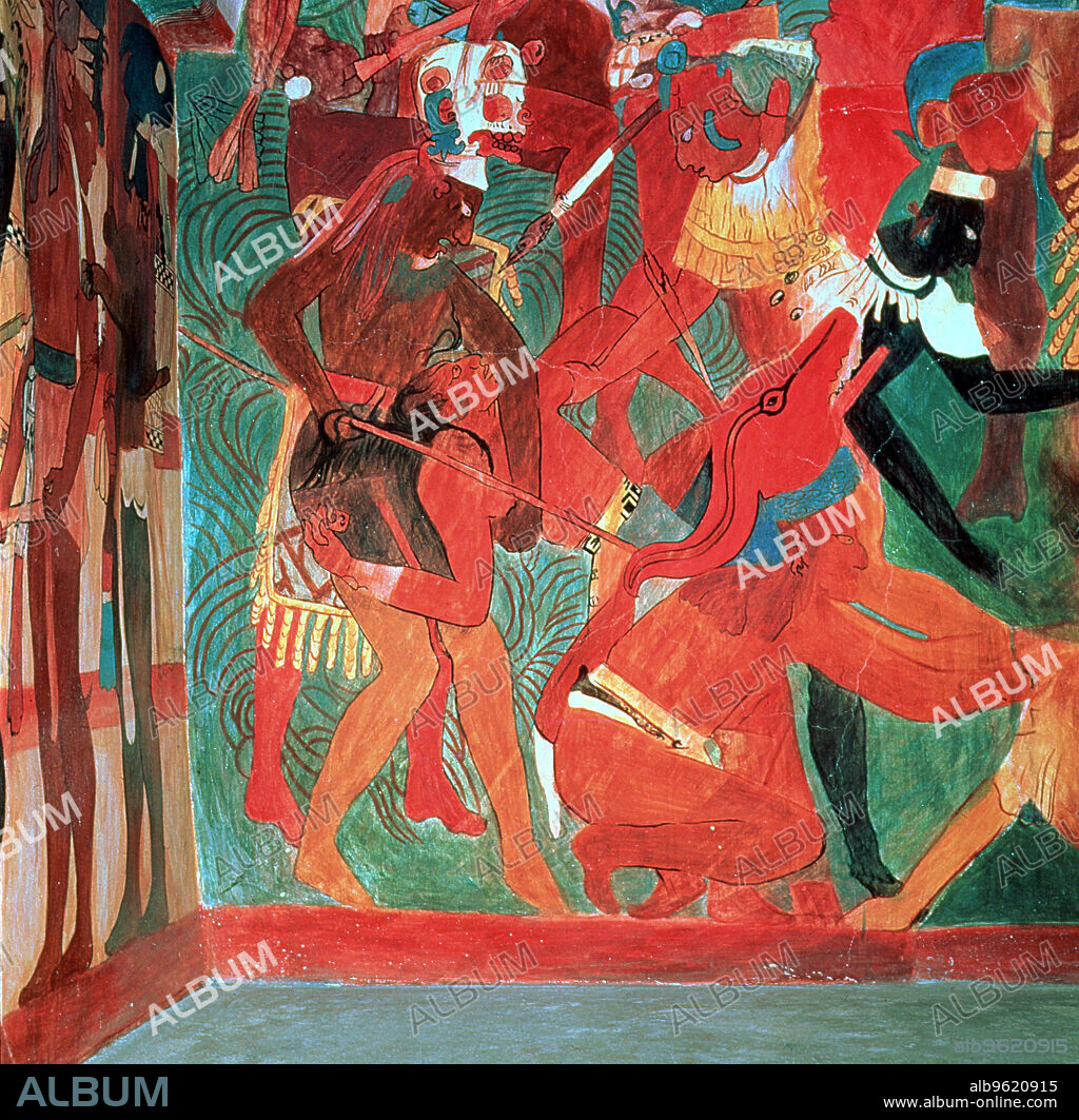 Fresco in the Bonampak painting temple depicting a battle scene and the punishment inflicted on prisoners.