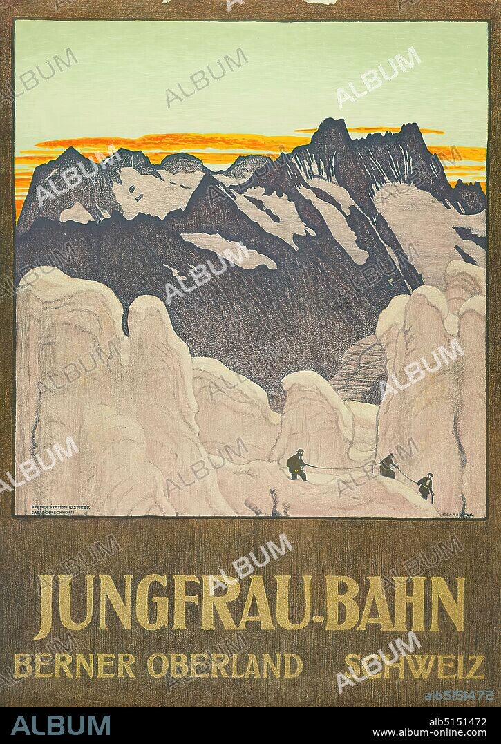 Graph. Anstalt J. E. Wolfensberger, Emil Cardinaux, Jungfrau-Bahn - Berner Oberland Switzerland, paper, lithography, total: height: 101,3 cm; width: 71,9 cm, signed and dated in print lower right in motif E. CARDINAUX 1910, inscribed in the print at lower left in the motif: BEIT DER STATION EISMEER, DAS SCHRECKHORN, tourism posters, landscapes, waters, city view, mountains, mountains.
